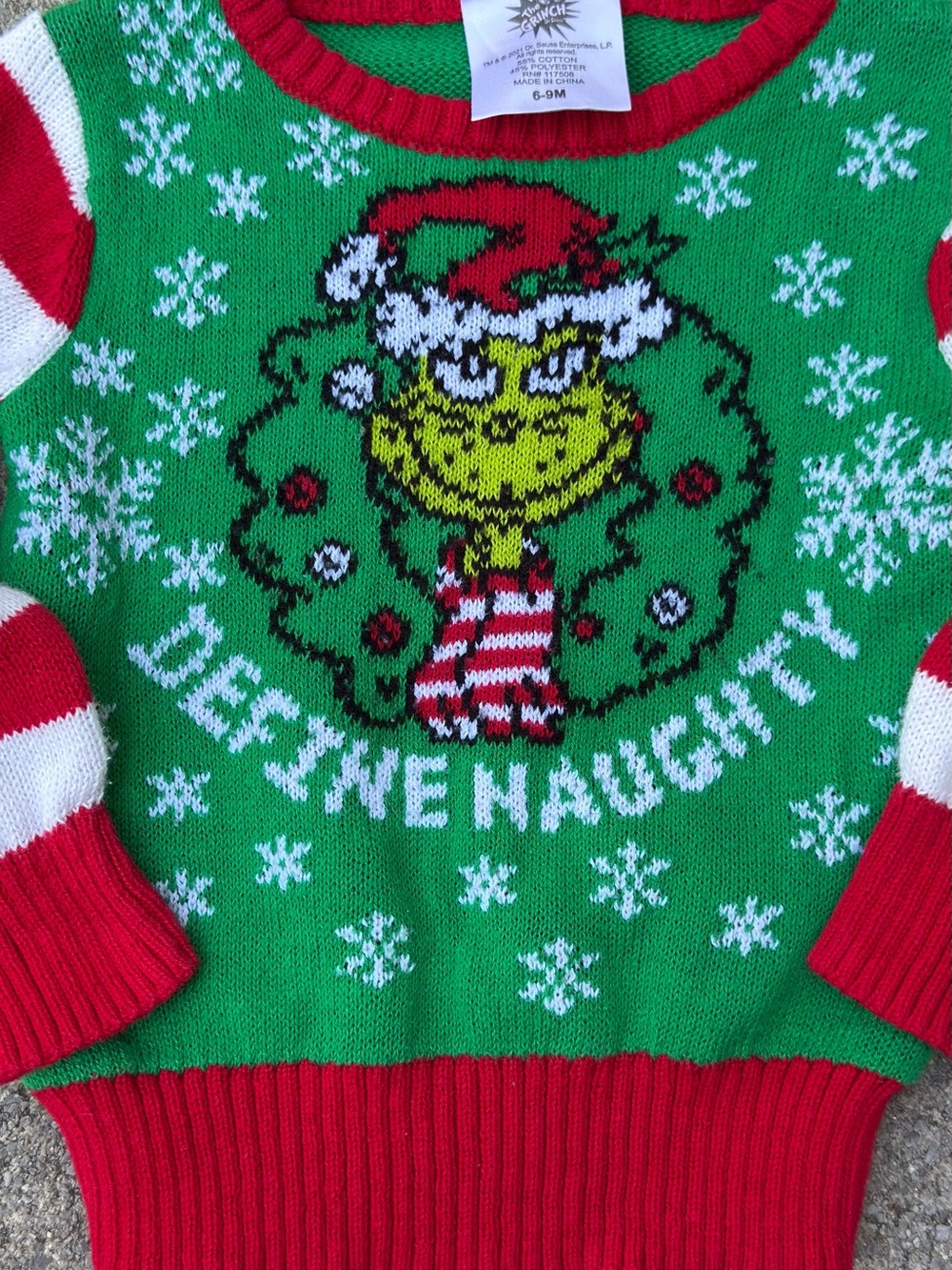 Dr. Seuss The Grinch “Jeez He Naughty” Christmas Sweater 6–9 Months